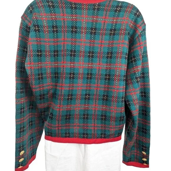 Vtg Classiques Entier Merino Wool Blend Cardigan Green Red Black Gold Button Lrg - Picture 3 of 12